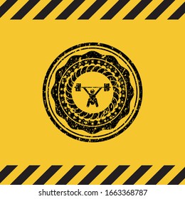 snatch, weightlifting icon grunge black emblem with yellow background, warning sign. Vector Illustration. Detailed.