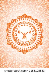 snatch, weightlifting icon inside abstract emblem, orange mosaic background