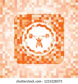 snatch, weightlifting icon inside abstract emblem, orange mosaic background