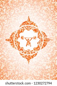 snatch, weightlifting icon inside abstract orange mosaic emblem