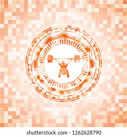 snatch, weightlifting icon inside abstract emblem, orange mosaic background