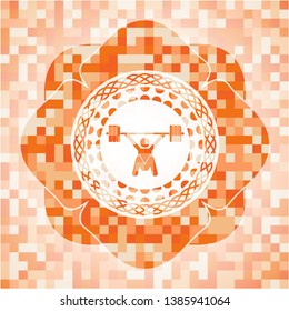snatch, weightlifting icon inside abstract orange mosaic emblem