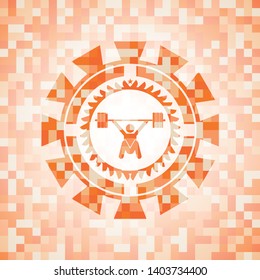 snatch, weightlifting icon inside abstract orange mosaic emblem with background