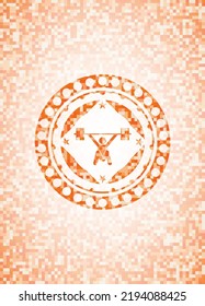 snatch, weightlifting icon inside abstract emblem, orange mosaic background. 