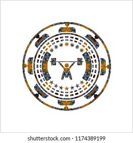 snatch, weightlifting icon inside arabesque badge. arabic decoration.
