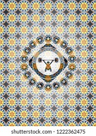 snatch, weightlifting icon inside arabesque badge background. arabic decoration.