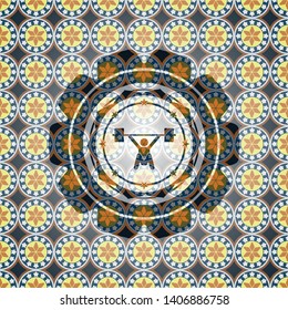 snatch, weightlifting icon inside arabesque badge. arabic decoration.