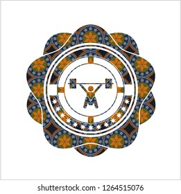 snatch, weightlifting icon inside arabic badge background. Arabesque decoration.