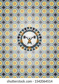 snatch, weightlifting icon inside arabic style badge. Arabesque decoration.