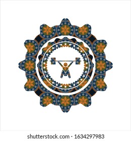 snatch, weightlifting icon inside arabic emblem. Arabesque decoration.
