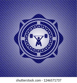 snatch, weightlifting icon inside badge with denim background