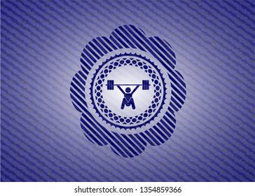 snatch, weightlifting icon inside badge with denim texture
