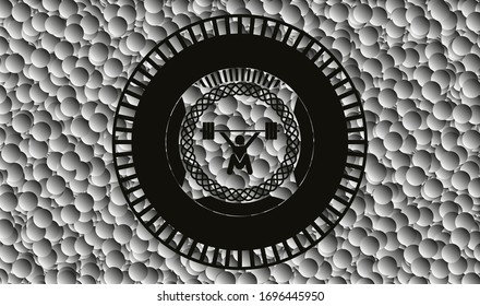 caracol, icono de levantamiento de pesas dentro del emblema negro con fondo de burbujas grises. Ilustración vectorial. Detallado.