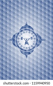 snatch, weightlifting icon inside blue emblem or badge with abstract geometric pattern background.