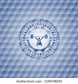 snatch, weightlifting icon inside blue emblem or badge with geometric pattern background.