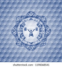 snatch, weightlifting icon inside blue emblem or badge with abstract geometric polygonal pattern background.
