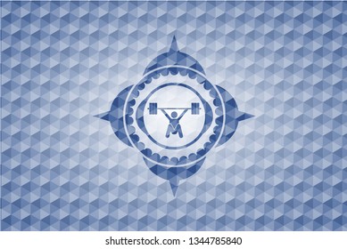snatch, weightlifting icon inside blue emblem or badge with abstract geometric pattern background.