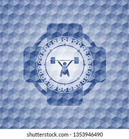 snatch, weightlifting icon inside blue emblem with geometric background.