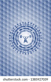 snatch, weightlifting icon inside blue emblem or badge with abstract geometric pattern background.