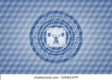 snatch, weightlifting icon inside blue emblem with geometric background.