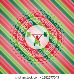 snatch, weightlifting icon inside christmas colors style badge.