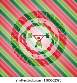 snatch, weightlifting icon inside christmas emblem background.