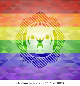 snatch, weightlifting icon inside emblem on mosaic background with the colors of the LGBT flag