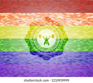 snatch, weightlifting icon inside emblem on mosaic background with the colors of the LGBT flag