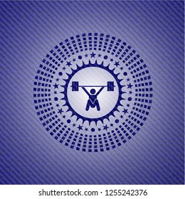 snatch, weightlifting icon inside emblem with denim high quality background