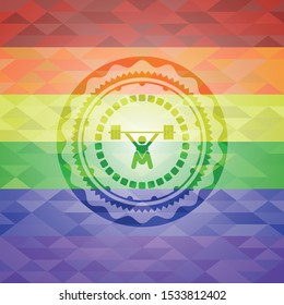 snatch, weightlifting icon inside emblem on mosaic background with the colors of the LGBT flag
