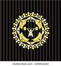 snatch, weightlifting icon inside gold emblem or badge