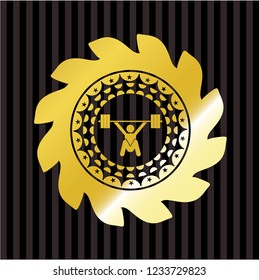snatch, weightlifting icon inside gold badge or emblem