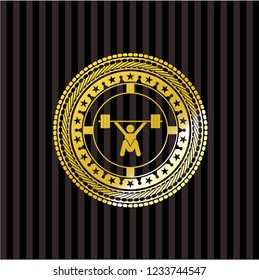 snatch, weightlifting icon inside gold emblem or badge