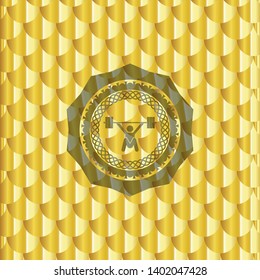 snatch, weightlifting icon inside gold emblem or badge. Scales pattern. Vector Illustration. Detailed.