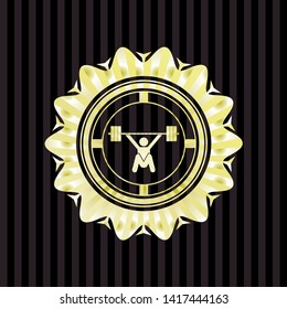 snatch, weightlifting icon inside gold emblem or badge