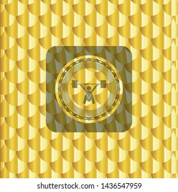 snatch, weightlifting icon inside gold shiny badge. Scales pattern. Vector Illustration. Detailed.