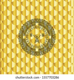 snatch, weightlifting icon inside gold badge or emblem. Scales pattern. Vector Illustration. Detailed.