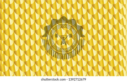 snatch, weightlifting icon inside golden emblem. Scales pattern. Vector Illustration. Detailed.