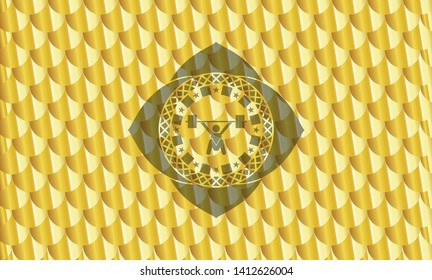 snatch, weightlifting icon inside golden badge. Scales pattern. Vector Illustration. Detailed.