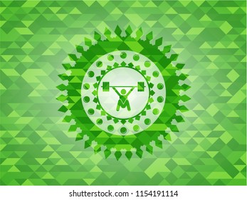 snatch, weightlifting icon inside green emblem with mosaic ecological style background