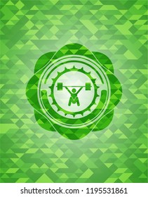 snatch, weightlifting icon inside green emblem with mosaic background