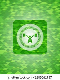snatch, weightlifting icon inside green emblem with mosaic ecological style background