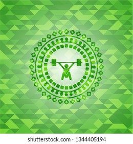 snatch, weightlifting icon inside green emblem with mosaic ecological style background