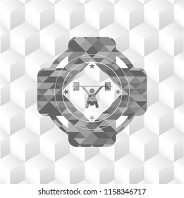 snatch, weightlifting icon inside grey emblem with geometric cube white background