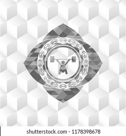 snatch, weightlifting icon inside grey badge with geometric cube white background