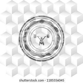 snatch, weightlifting icon inside grey emblem. Retro with geometric cube white background