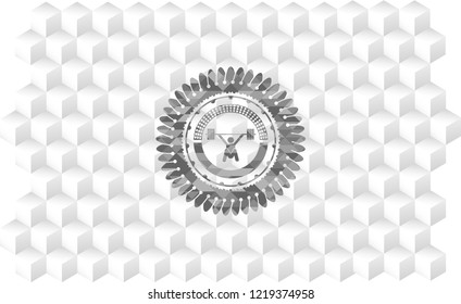 snatch, weightlifting icon inside grey emblem. Retro with geometric cube white background