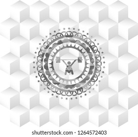 snatch, weightlifting icon inside grey badge with geometric cube white background