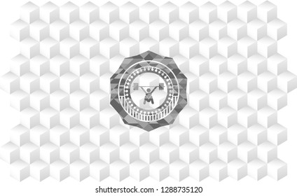 snatch, weightlifting icon inside grey badge with geometric cube white background
