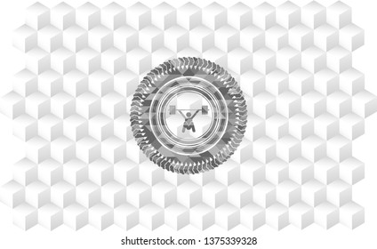 snatch, weightlifting icon inside grey badge with geometric cube white background